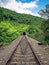Photo of a railway track passing through a tunnel cut through a hill full of green plants