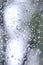 A photo of rain drops on the window glass with a blurred view of the blossoming green trees. Abstract image showing cloudy and ra