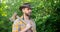 photo of rancher with axe, banner. rancher with axe. rancher with axe wearing checkered shirt.