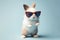 Photo real Cute rabbit with sunglasses dancing isolated on blue background. ai generative