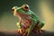 Photo realistic 3D render of a cute little green frog sitting on a branch