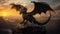 Photo realistic, beautiful majestic black dragon, opulent, mountain background sunset