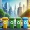 Photo realistic container trash bin for recycling with city background. Yellow, green, blue bins for recycle plastic