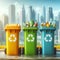 Photo realistic container trash bin for recycling with city background. Yellow, green, blue bins for recycle plastic