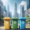 Photo realistic container trash bin for recycling with city background. Yellow, green, blue bins for recycle plastic