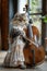 A photo of a realistic fluffy cat that wears a dress is playing Cello with a cello bow