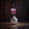 Photo realistic image of a red and white tulip in a little porcelain vase on a dark wooden surface with cinematic