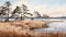 Photo-realistic Watercolour Painting: Marsh Sketch With Pine Trees