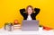 Photo of relaxed schoolkid sit desk enjoy comfy break rest wear uniform isolated yellow color background