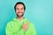 Photo of reliable promoter guy direct finger empty space solution wear green hoodie isolated teal color background