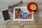 Photo of restaurant in Paris on wooden table with coffee cup and smart phone. View from above