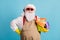 Photo of retired grandfather grey beard hold bucket cleaning equipment prepare disinfect home confident wear santa x-mas