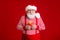 Photo of retired grandpa white beard hold box french fries potato lover attend cafeteria wear santa x-mas costume