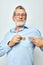Photo of retired old man finance gold coins bitcoin posing  background