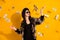 Photo of rich stunning happy woman fly air money salary savings spend isolated on yellow color background