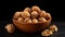 Photo of a rustic wooden bowl filled with fresh walnuts on a table