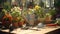 Photo of a rustic wooden table adorned with vibrant potted plants and essential gardening tools