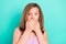 Photo of sad blond hairdo teen girl close mouth wear violet top  on teal color background