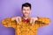 Photo of sad disguised young man wear plaid shirt bow tie showing thumbs down isolated violet color background