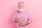 Photo of sad grey hair elder man hands stomach wear pink sweater isolated on pastel color background