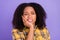 Photo of sad unhappy afro american woman hold hand face toothache bad mood isolated on purple color background