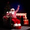 Photo of santa hold controller open mouth legs basin wear x-mas costume cap sunglass isolated decorated black color