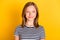 Photo of satisfied school person smile look camera wear striped outfit isolated on yellow color background