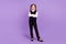 Photo of self-assured little lady crossed hands look camera wear glasses uniform isolated violet color background