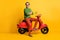 Photo of self-assured man ride moped crossed hands wear eyewear green sweater pants footwear isolated yellow color