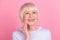 Photo of senior lovely lady arm touch chin good mood skin care dreamy isolated over pink color background