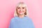 Photo of senior lovely woman knitwear pullover intelligent teacher isolated over pink color background