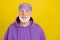 Photo of senior man interested wonder dreamy plan minded look empty space isolated over yellow color background