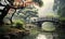 Photo of a serene bridge over a tranquil pond captured in a beautiful painting