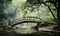 Photo of a serene bridge over a tranquil pond captured in a beautiful painting