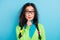 Photo of serious amazed young woman wear glasses hold hand chin idea isolated on shine bright blue color background