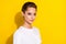 Photo of serious brown short hairdo millennial lady wear white t-shirt isolated on yellow color background