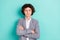 Photo of serious confident schoolboy dressed grey suit arms crossed isolated teal color background