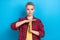 Photo of serious face confident business woman take pause break referee stop rules timeout wear red stylish shirt