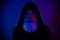 Photo of serious mysterious pensioner guy wear black hoodie stealing xmas isolated dark blue color background