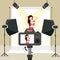 Photo session in studio girl shoot behind camera equipment strobe background lighting