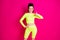 Photo of shiny pretty lady wear sport outfit showing thumb up hand arm waist isolated pink color background