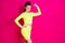 Photo of shiny strong lady wear sport outfit showing muscles raising fist hand arm waist isolated pink color background