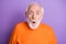 Photo of shocked aged person open mouth look camera wear sweater isolated on violet color background