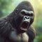 Photo of a Shocked angry real Gorilla on nature bokeh background. ai generative