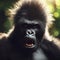Photo of a Shocked angry real Gorilla on nature bokeh background. ai generative