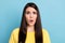 Photo of shocked offended lady crazy look camera open mouth wear yellow jumper isolated blue background