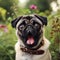 Photo of a Shocked Pug dog on nature background. ai generative