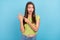 Photo of shocked unhappy sad upset young woman point finger ring ask marry me isolated on blue color background