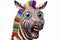 Photo of a shocked zebra in multicolored stripes on a white background with bulging eyes. ai generative