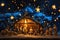 This photo showcases a nativity scene that depicts the birth of Jesus, A beautiful Christmas nativity scene in a glistening night